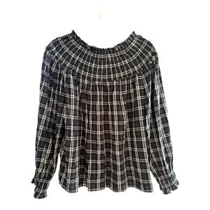 NWT Universal Thread Charcoal Gray Plaid Smocked Long Sleeve Blouse Size M